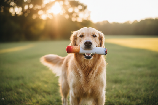 make an image of a golden retriever with a ciggarette toy plushy in its mouth